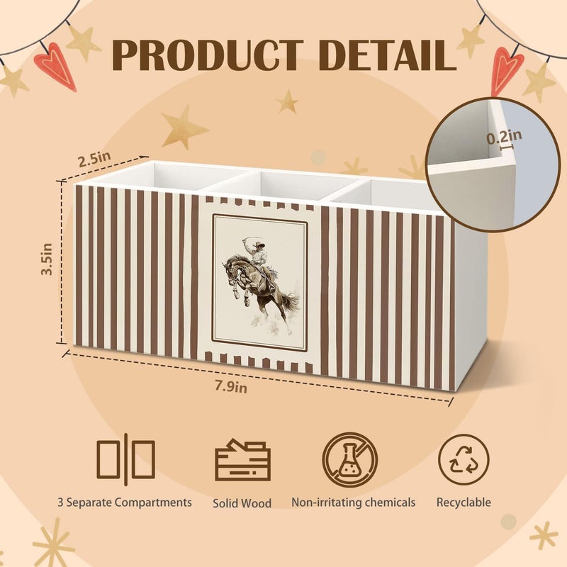 KBRCT Western Cowboy Wooden Utensils Holder, Vintage Southwestern Country Rodeo Brown Striped Wood Cooking Utensil Holder Organizer for Kitchen Countertop Counter Decor - Image 3